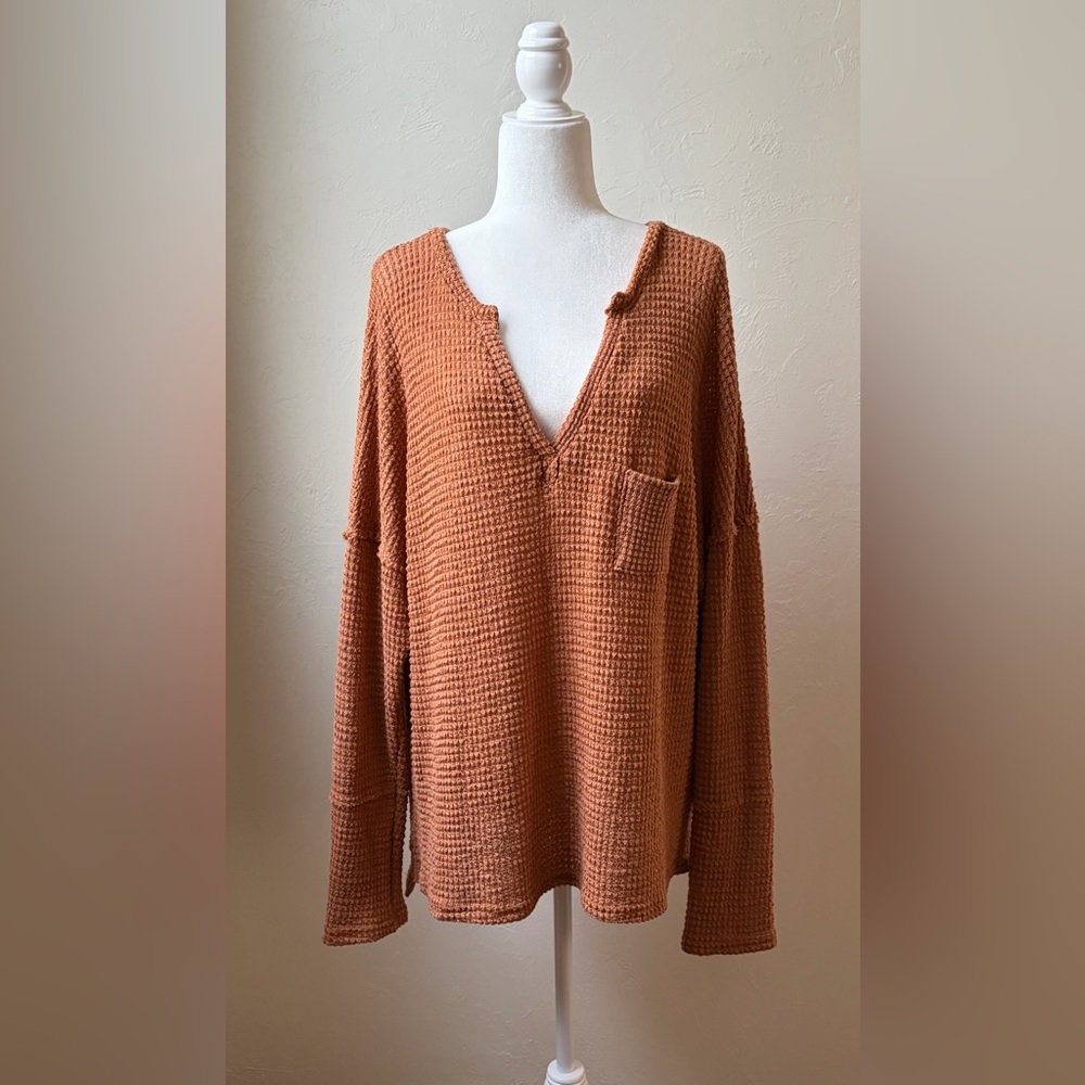 EFAN Waffle Knit Top Rust Orange Oversized Long Sleeve Boho Thermal Large